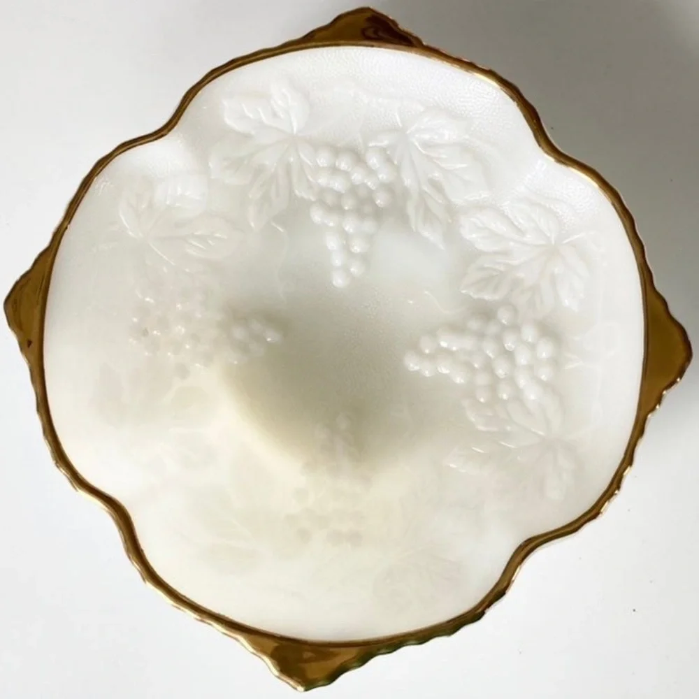 Vintage Anchor Hocking Milk Glass Grape Bowl Gold Trim Pedestal